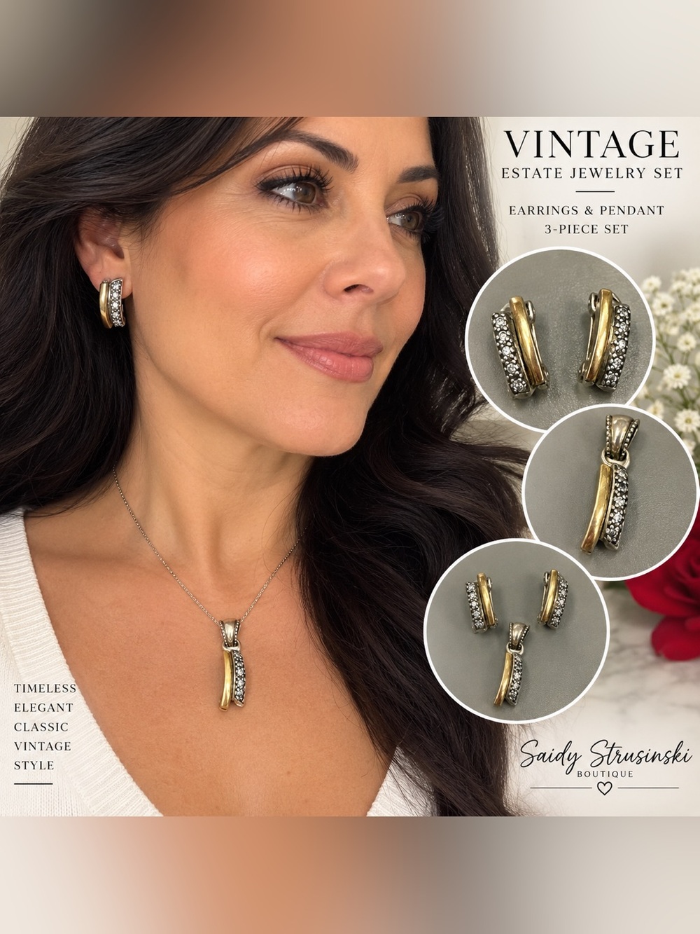 Vintage Estate Two-Tone Rhinestone Earrings & Pendant 3-Piece Set retro Classic